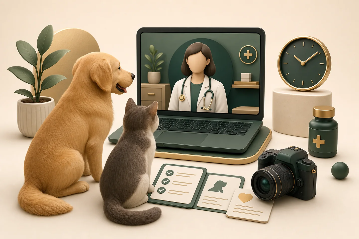 Ilustração 3D de consulta veterinária on-line