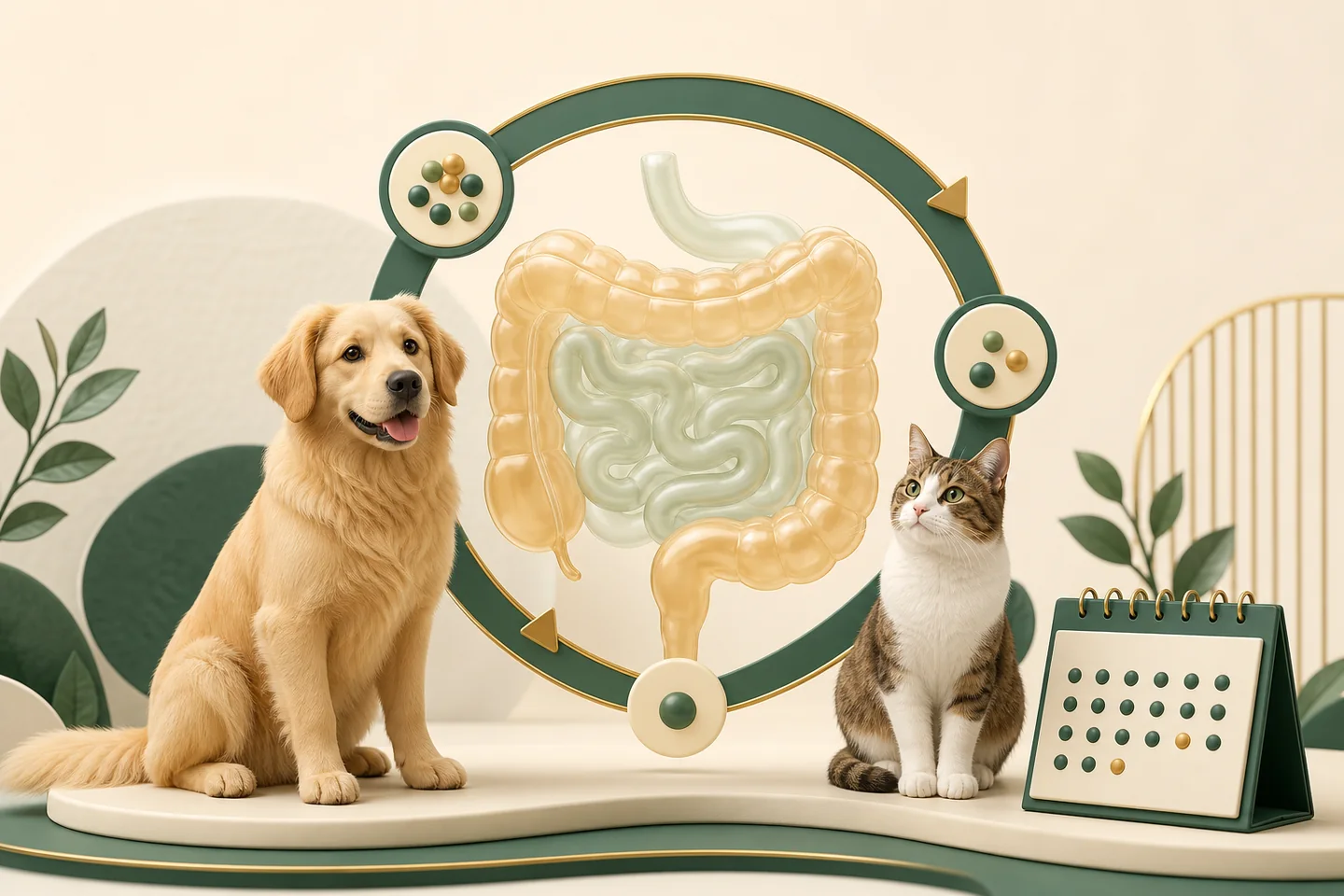 Ilustração 3D sobre a saúde intestinal de cães e gatos